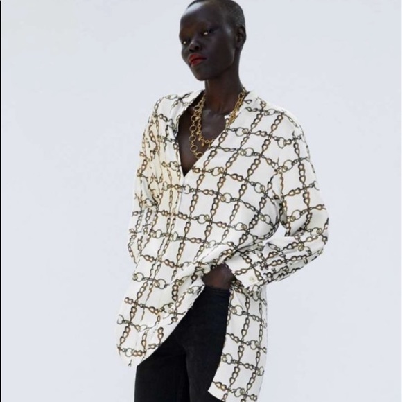 Zara Tops - “ZARA” Tunic Style Chain Link Pattern Cream Coloured Long Sleeved Blouse.